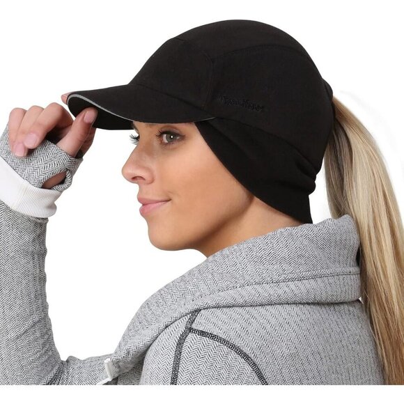 Women\'s Black Trailblazer Reflective Fleece Ponytail Hole Winter Hats